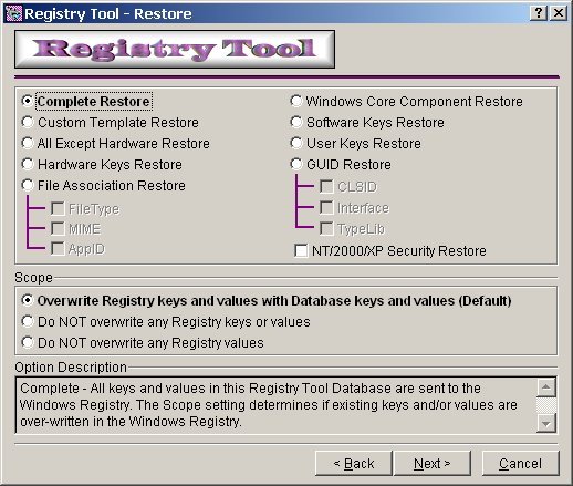 Registry Tool - Windows 95 98 ME NT 2000 XP 2003 Vista Registry Restore Dialog
